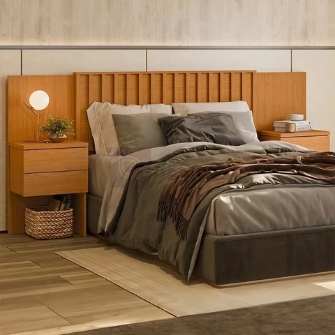 Cabeceira Olinda Extensiva para Cama Box Casal, Queen e King com 2 Mesas Laterais e Painel Ripado Cinamomo Albatroz