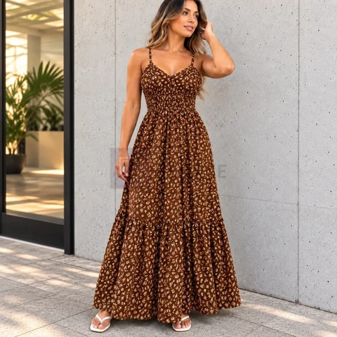 Vestido Lastex Alcinha Leve Decote V Feminino Longo Moda