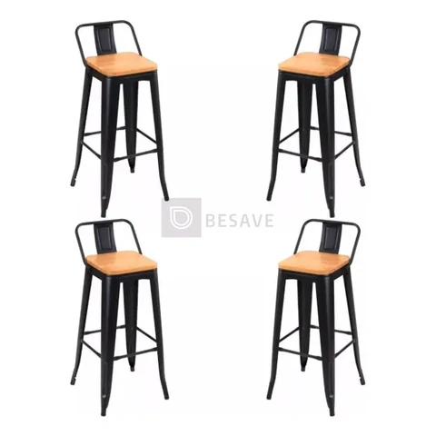Kit com 4 Banquetas Tolix com Encosto e Assento de Madeira para Bar