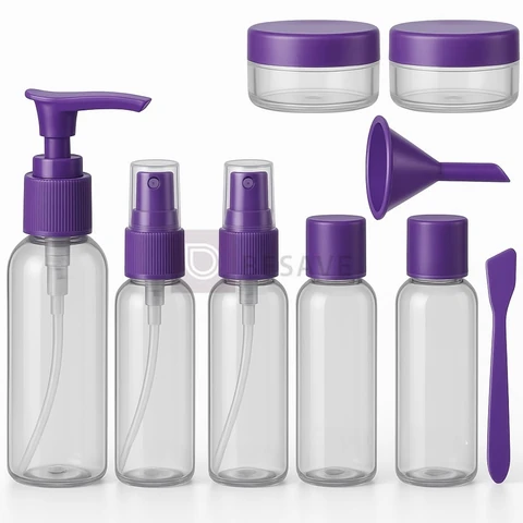 Frascos para Viagem Kit 9 Peças com Estojo Transparente Ideal para Shampoo Condicionador Sabonte Líquido Cremes Hidratante com Funil para Encher Recipientes Cosméticos (Roxo)