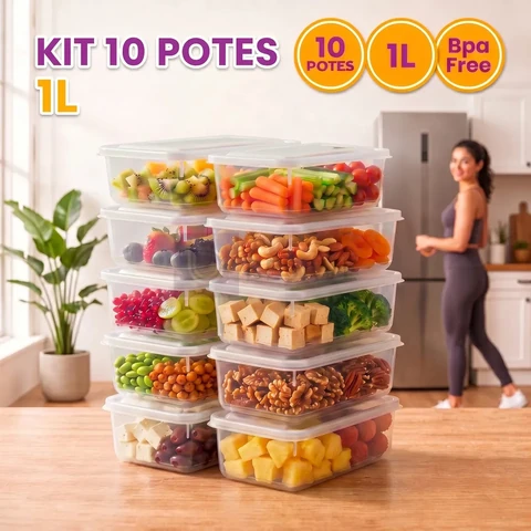 Kit 10 Potes 1 Litro Transparente Marmita Fitness Bpa Free Tampa Hermética Reutilizável Micro E Freezer Mantimentos ponte lar utilidades