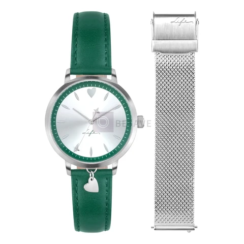Relógio Life Lovely Feminino Aço Pulseira Couro Verde 3.6cm