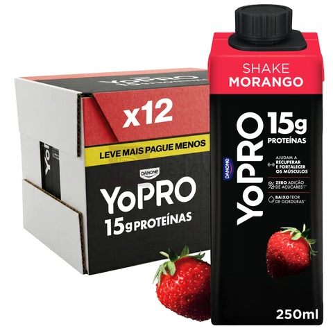 YoPRO Bebida Láctea UHT Morango – 15g de Proteínas, Líquido, Caixinha Tetra Pak 250ml (Pack com 12 unidades)