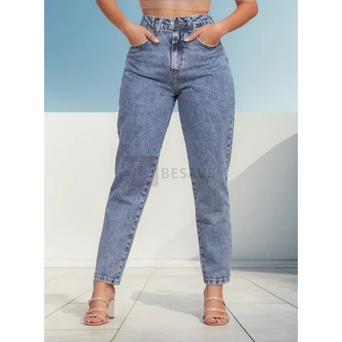 Calça Mom Jeans Feminina Cintura Alta Marmorizada