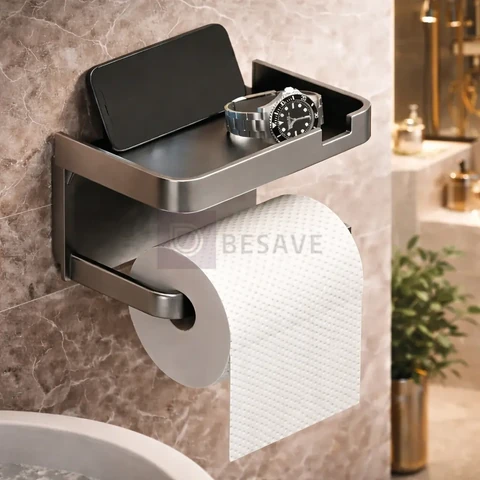 Suporte Papel Higiênico Adesivo De Parede Com Prateleira Porta Celular Sem Furo Ligeiro Cinza