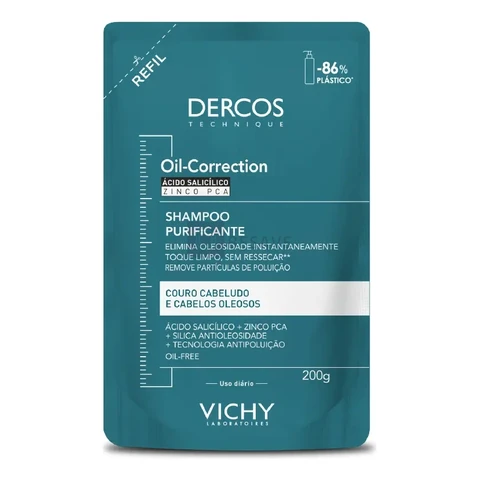Refil Shampoo Purificante para Cabelos Oleosos Limpeza Profunda sem Ressecar os Fios Fórmula com Ácido Salicílico e Zinco PCA Oil-Correction Vichy Dercos 200g