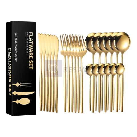 Belifou Kit Faqueiro Dourado 24 Peças Jogo De Talheres Aço Inoxidáve