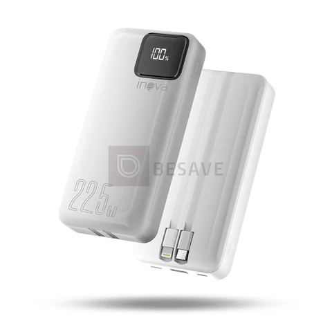 Power Bank com cabo integrado, Carregador Portátil de 20000mAh com Carga Rápida, Múltiplas Portas, Design Leve e Proteção Inteligente para Dispositivos iOS e Android/USB/Type-C/Branco(MD-12412)