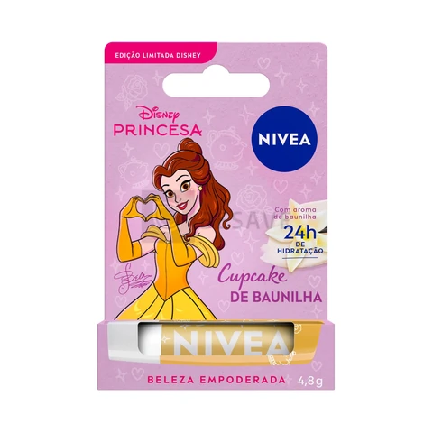 NIVEA Hidratante Labial Cupcake de Baunilha Ed. Limitada Bela Disney® Princesa 4,8g, Hidratação Intensa 24h, Cor Suave, Brilho Delicado, Manteiga de Karité