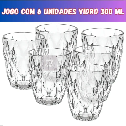 Jogo 6 Copos Vidro Diamante Grosso Resistente Agua 300ml Branco Ms Variedades