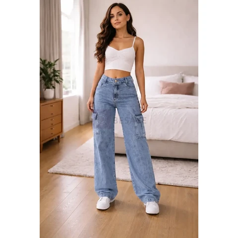 Calça Cargo Feminina Wide Leg Cintura Alta Jeans Stillger