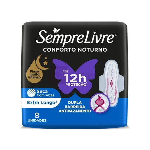 Absorvente Noturno com Abas Sempre Livre, Cobertura Seca, 8 Unidades