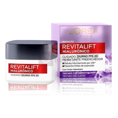 L'Oréal Paris Revitalift Hialurônico Creme Hidratante Facial Antirrugas Diurno, Reduz Linhas Finas, Uniformiza a Pele, Melhora a Textura e Firmeza, 49g