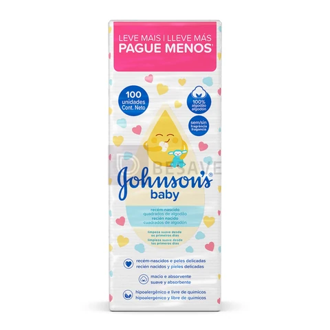 Quadrados de Algodão Johnson's Baby, Recém-Nascido, 100 Unidades