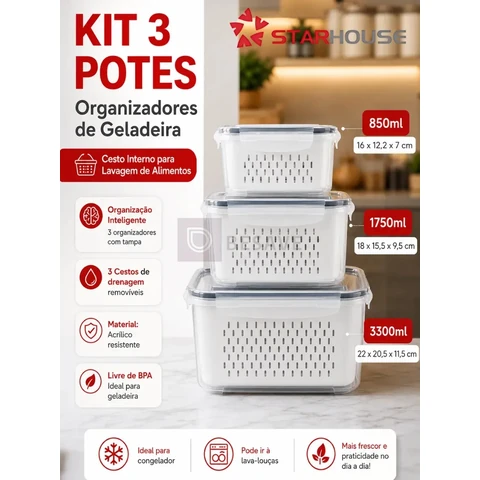 Kit 3 Organizadores Geladeira Alimentos Legumes Verduras Frutas Transparente Com Tampa Trava Hermético Escorredor - Starhouse