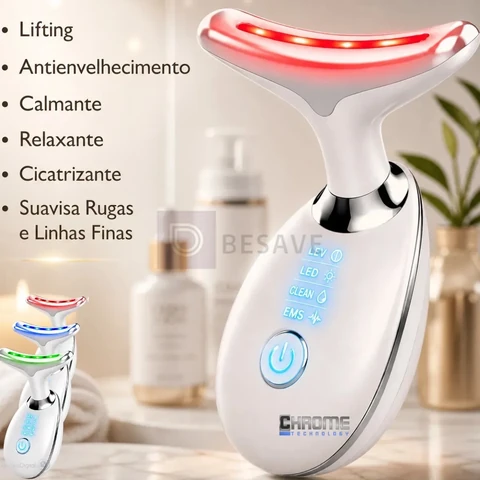 Massageador Facial LED Chrome Technology Para Pescoço e Rosto Com Vibração