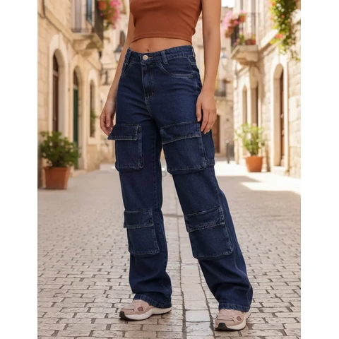 Calça Wide Leg 4 Bolsos Frontais Cargo Jeans Moda Feminina