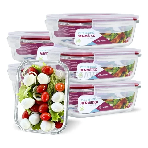 Conjunto 6 Potes Vidro Hermético Retangular 640ml Marmita Micro-ondas Vermelho Nabox